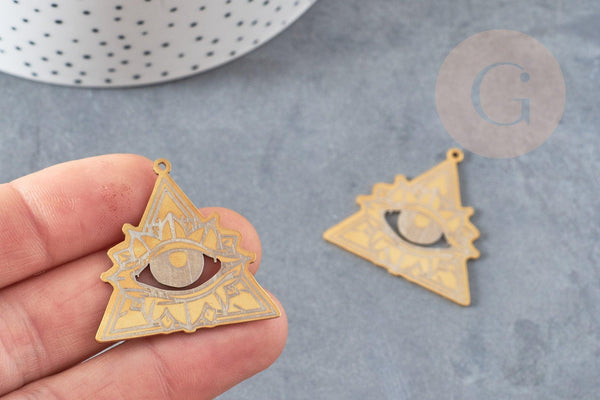 Pendentif triangle oeil protecteur acier 201 inoxydable dore 33.5mm,création bijoux mystique x1 G6036