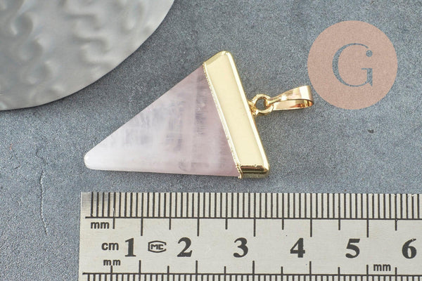 Pendentif triangle quartz rose,quartz naturel,pendentif pierre, support doré, création bijoux, pierre naturelle, 33mm, x1 (G2059)