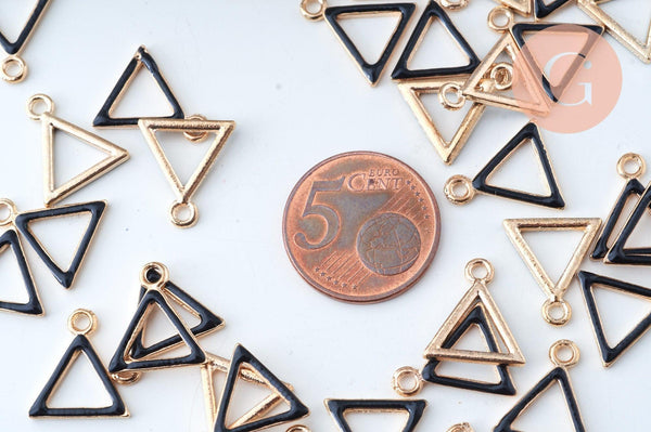 Pendentif triangle zamac doré émail noir 15mm,pendentif doré pour création de bijoux, x5 G6086
