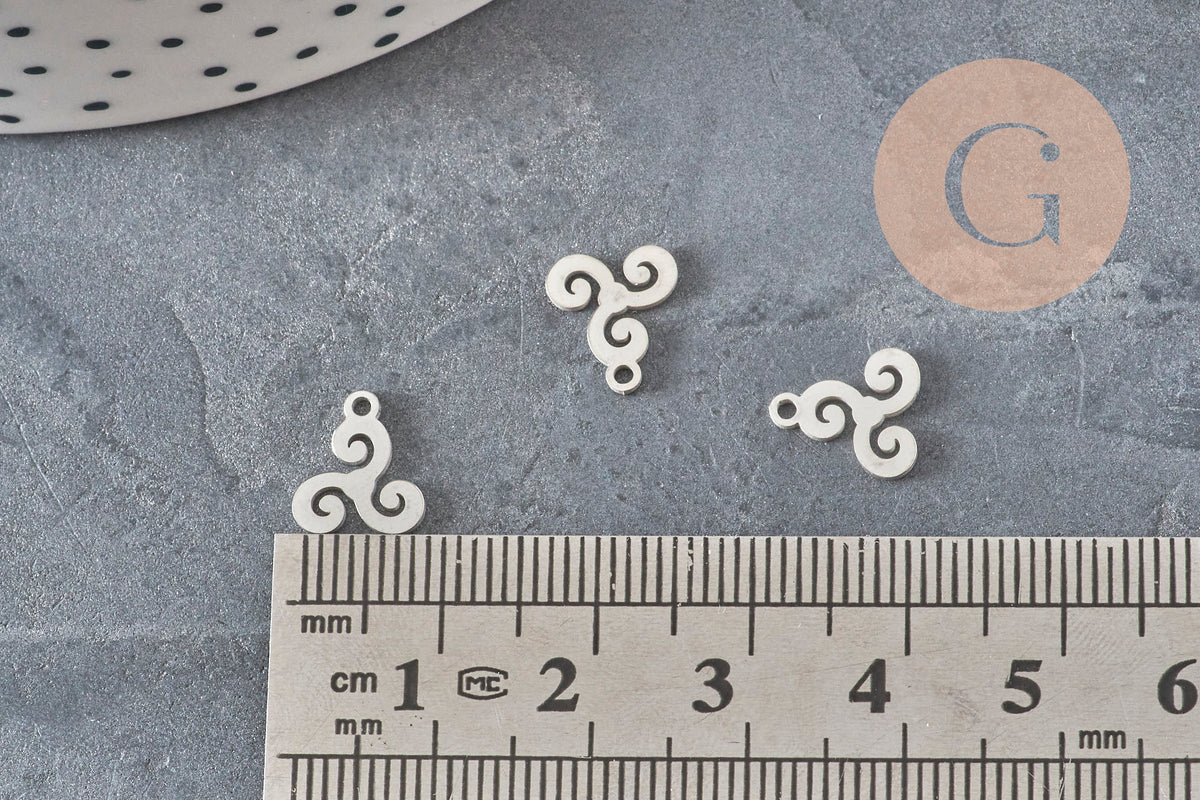 Pendentif triskel acier 304 inoxydable platine 10mm, x1 (G11377)-Breloques et pendentifs-Gingerlily Perles
