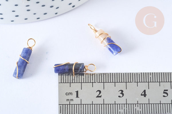 Pendentif tube bleue naturelle cuivre doré 20~21mm, pierre naturelle, x1 (G7590)