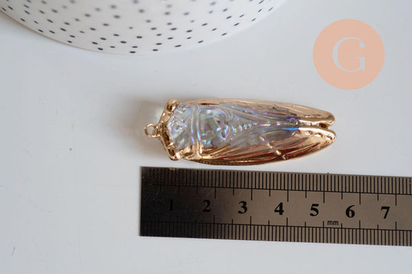 Pendentif verre doré cigale 53-55mm fer doré, x1 (G6379)