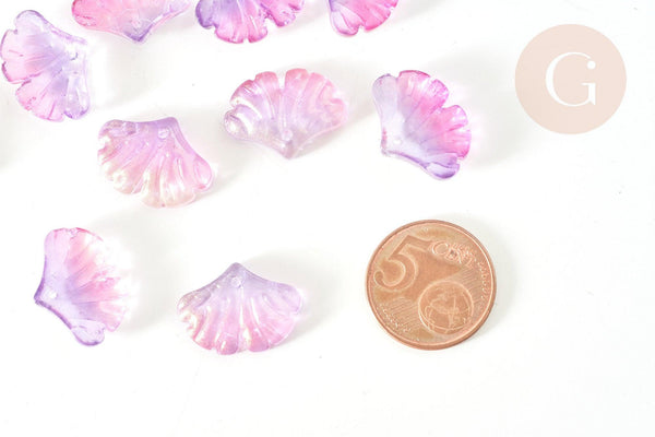 Pendentif verre feuille gingko Rose violet 15x20mm,pendentif verre pour création bijoux, x10 (G8348)