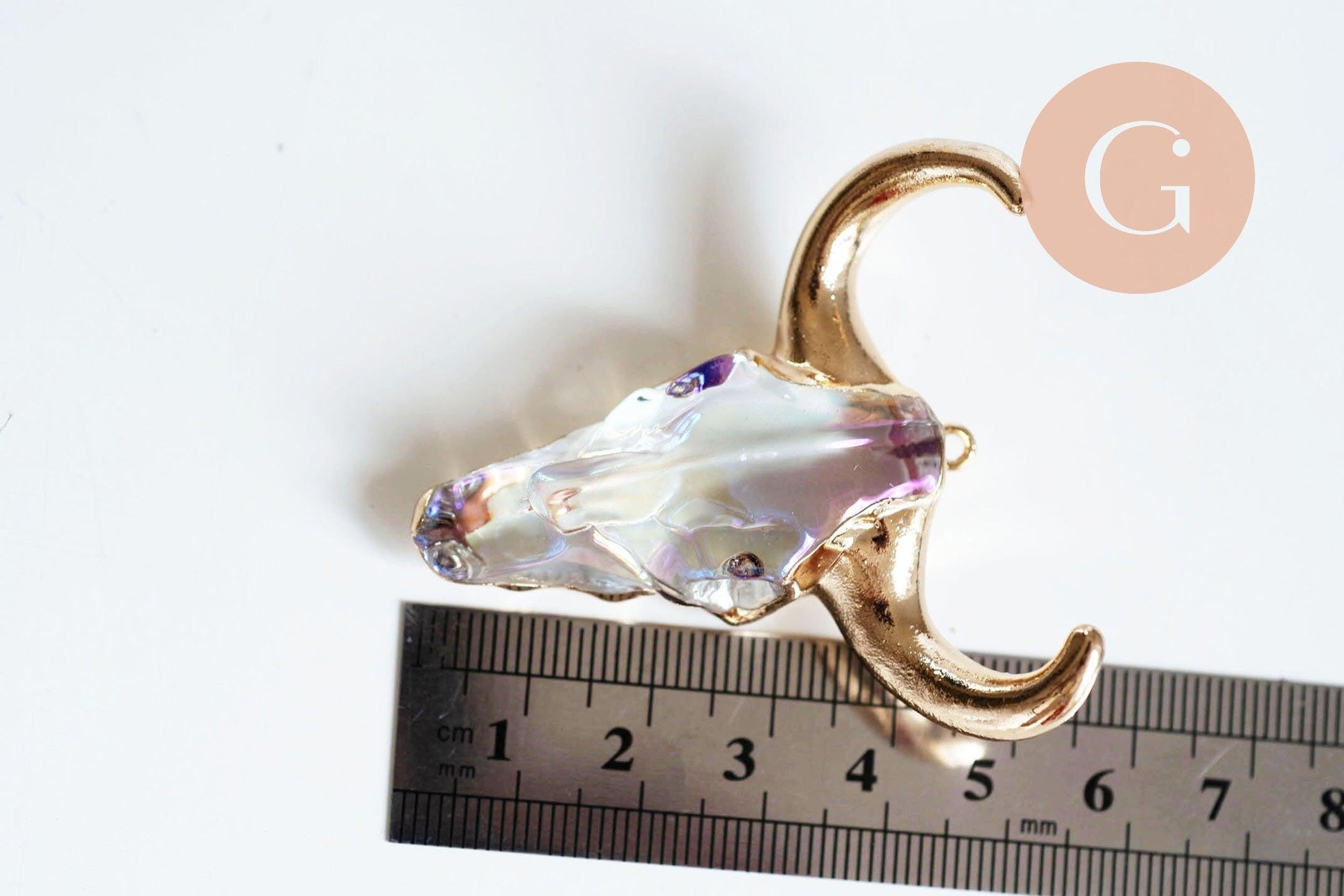 Pendentif verre tête de vache fer doré 40x60mm, x1 (G6384)