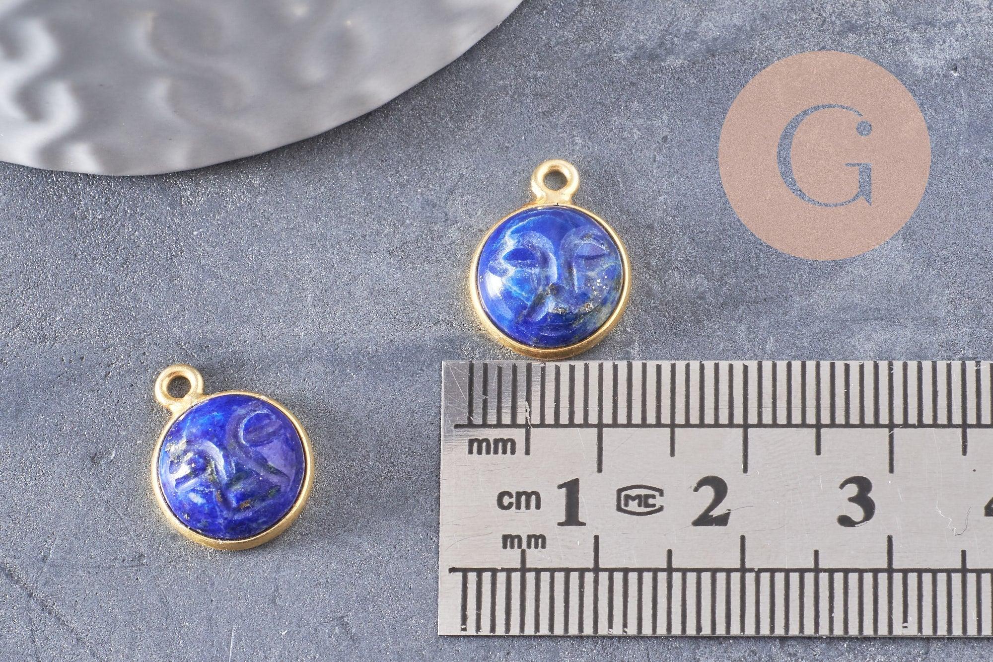 Pendentif visage de lune lapis lazuli naturel argent 925 doré 18K 19mm,pendentif amulette pierre naturelle x1 (G9876)