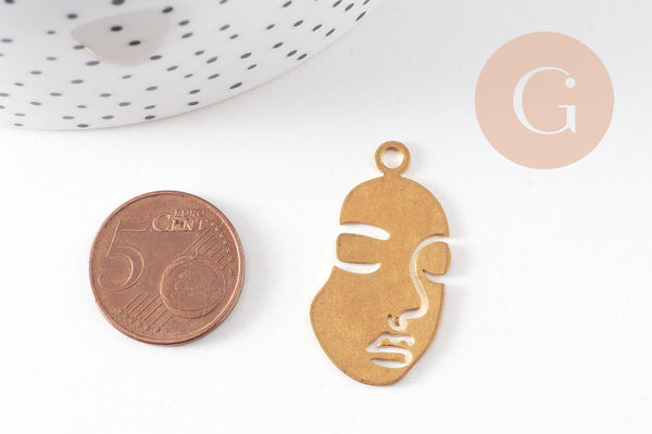 Pendentif visage laiton brut, fournitures pour bijoux, laiton brut,pendentif minimaliste ,bijoux moderne, x1 33.5mm-G1224
