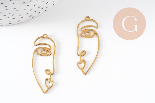 Pendentif visage laiton brut, fournitures pour bijoux, laiton brut,pendentif minimaliste ,bijoux moderne, x1,41x15mm,G3243