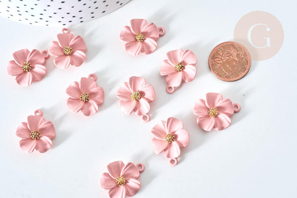 Pendentif zamac fleur rose 23,5mm, perles zamac,bijou fleur rose, x1 (G7758)