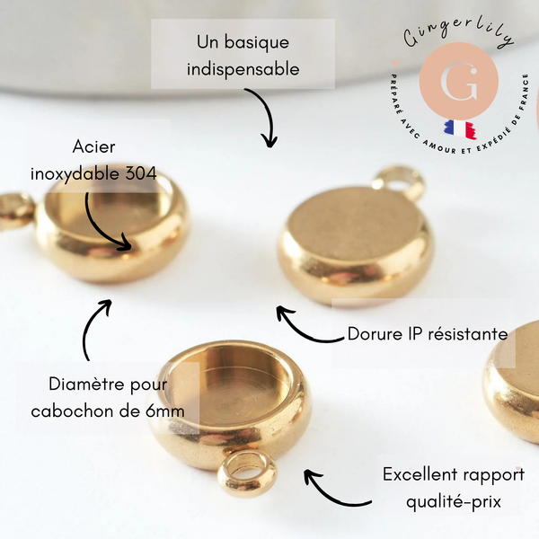 Pendentif rond support pour cabochon 6mm acier 304 inoxydable doré IP, x2 (G9860)