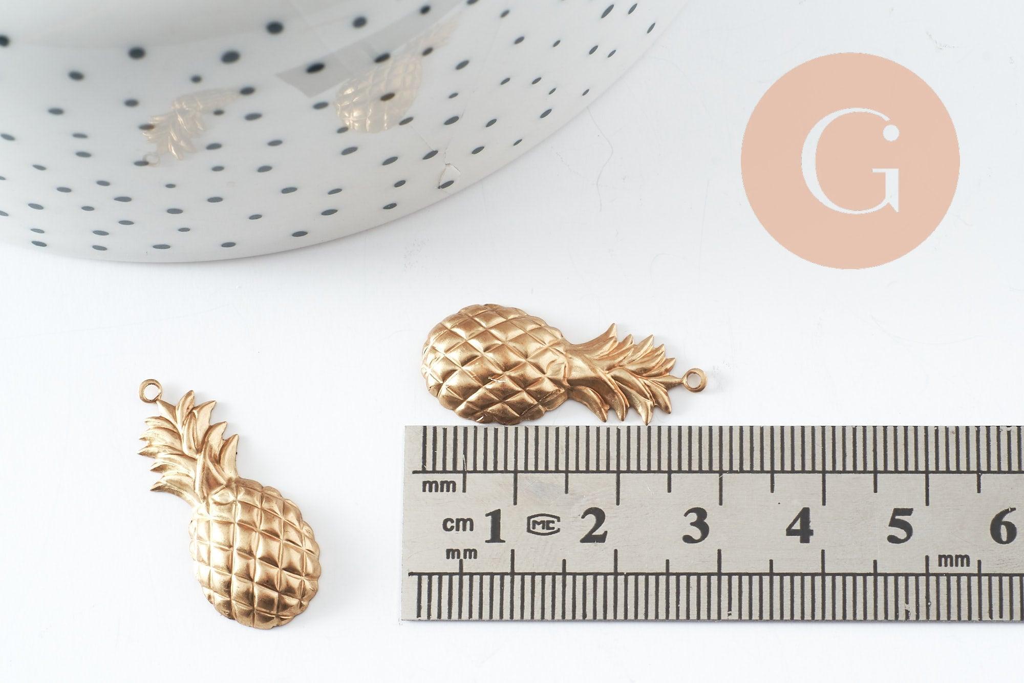 Pendentifs Ananas laiton brut 29mm, pendentif laiton brut, bijou tropical,sans nickel,tropical, x5 (G1609)