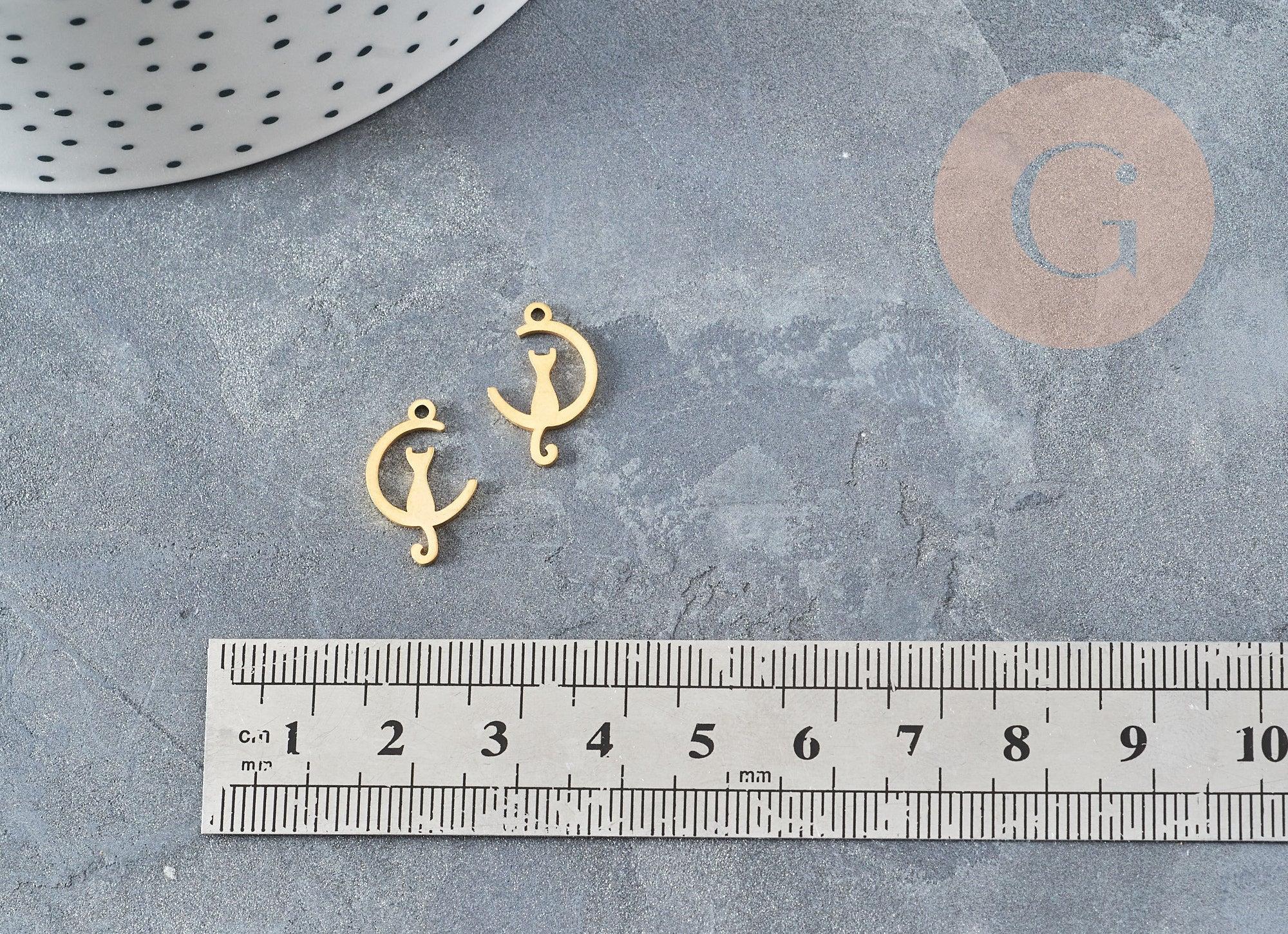 Pendentifs chat en acier 201 doré inoxydable 17.5mm, croissant de lune en forme de chat, création bijou acier doré x1 G4832