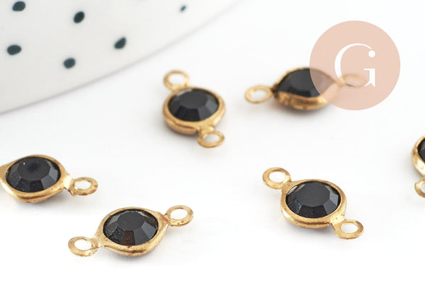 Pendentifs connecteurs ronds laiton brut cristal noir,connecteurs laiton,cristal noir, 6mm, x10 G0374
