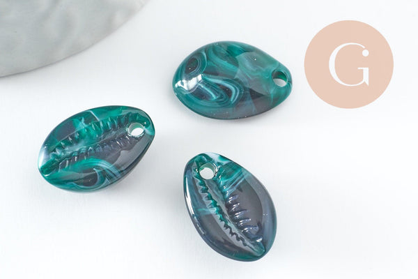 Pendentifs coquillage cauri vert marbré perle acrylique 19mm, x10 (G1228)