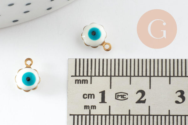 Pendentifs doré Fleur émail blanc, mauvais oeil, laiton doré, pendentif chance,création bijoux,9mm, x10 G0408