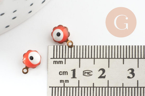 Pendentifs doré Fleur oeil protecteur émail orange 9mm, x10 (G0811)
