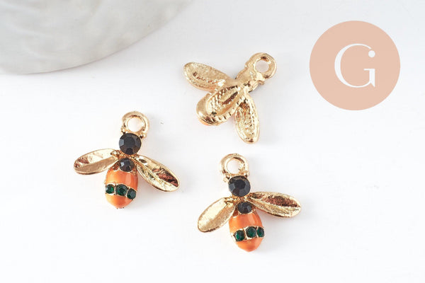 Pendentifs doré abeille émaillé pendentif insecte métal doré 15mm, x5 (G3182)