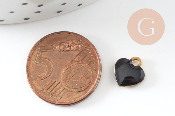 Pendentifs doré cœur émail noir, pendentif coeur, laiton brut, pendentif amour,10mm, x10 G3571