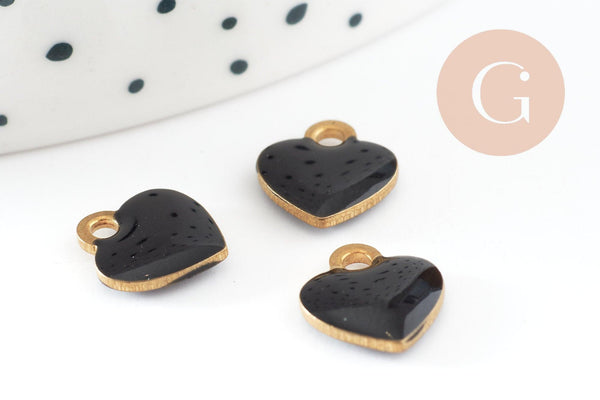 Pendentifs doré cœur émail noir, pendentif coeur, laiton brut, pendentif amour,10mm, x10 G3571