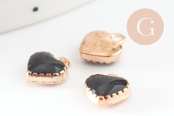 Pendentifs doré cœur émail noir, pendentif coeur, métal doré, pendentif amour, 8mm, x10 G1883