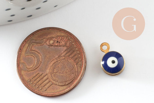 Pendentifs doré émail bleu marine, mauvais oeil, laiton doré, pendentif chance,création bijoux,10mm, x10 G2980