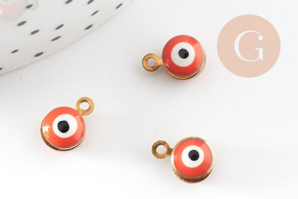 Pendentifs doré émail orange, mauvais oeil, laiton doré, pendentif chance,10mm, x10 G4613