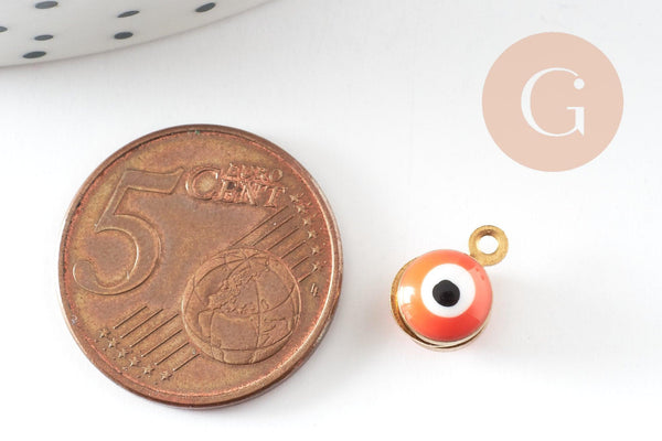 Pendentifs doré émail orange, mauvais oeil, laiton doré, pendentif chance,10mm, x10 G4613