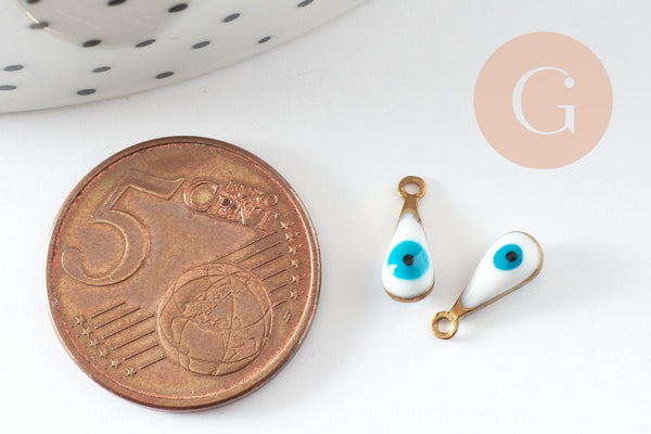 Pendentifs doré goutte émail blanc, mauvais oeil, laiton doré, pendentif chance,création bijoux,9mm, x10 G3330