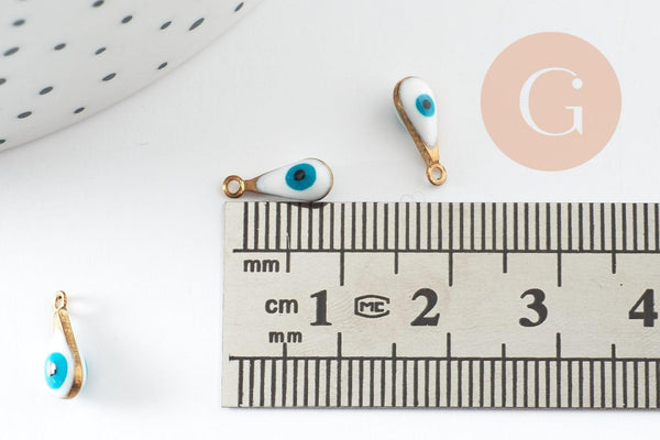 Pendentifs doré goutte émail blanc, mauvais oeil, laiton doré, pendentif chance,création bijoux,9mm, x10 G3330