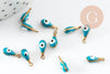 Pendentifs doré goutte émail bleu turquoise, mauvais oeil, laiton doré, pendentif chance,création bijoux,9mm, x10 G3327