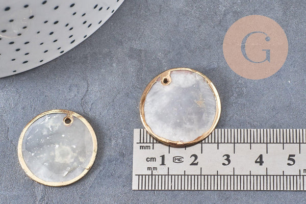 Pendentifs dorés ronds coquillages en nacre naturelle blanche 25mm x2 (G2434)