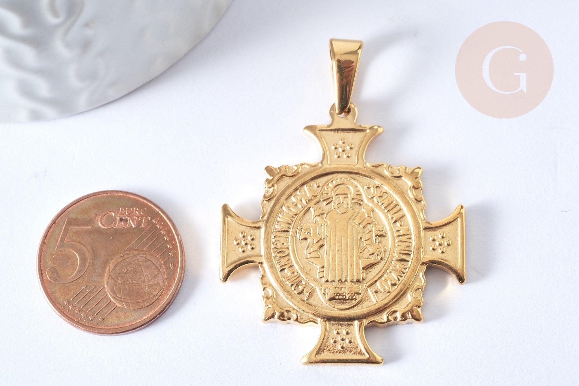 Pendentifs en acier inoxydable saint Benoit, création bijou acier inoxydable, 39mm, x1 G4608