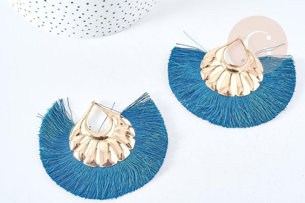 Pendentifs larges pompon fil bleu vert support fer doré 85-92mm, x2 (G8505)