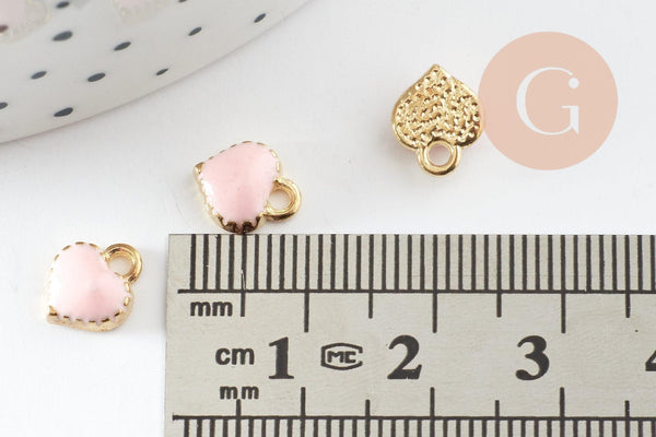 Pendentifscœur émail rose zamac doré 8mm, x10 (G5305)