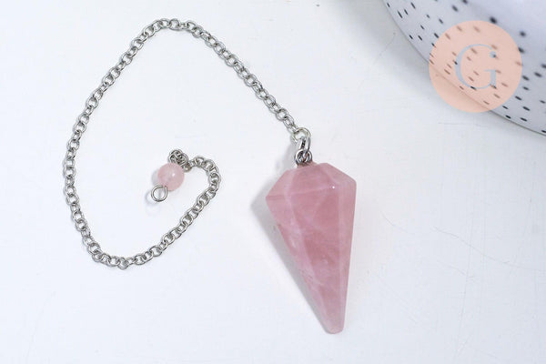 Pendule radiesthésie Quartz rose naturel chaine argent, pendule magnétisme, litotherapie,création bijoux,23cm, x1 G5347