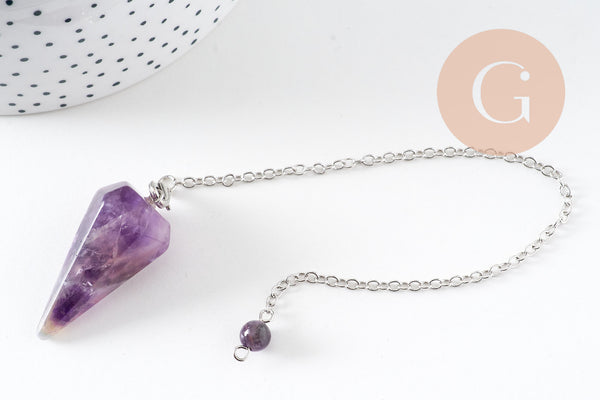 Pendule radiesthésie améthyste naturel chaine argentée, pendule magnétisme, litotherapie,création bijoux,23cm, x1 (G6737)