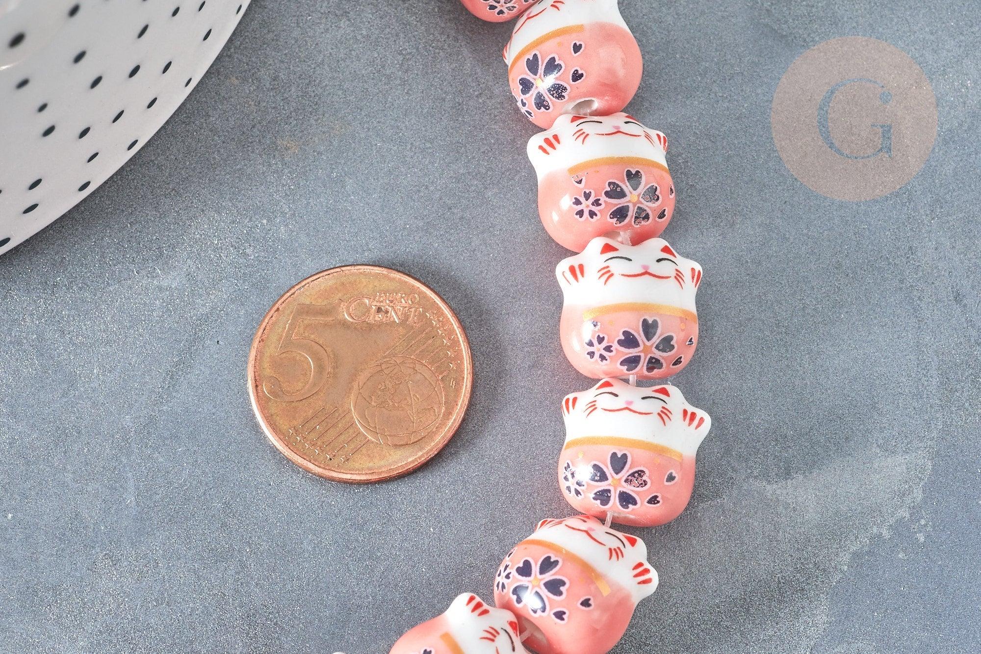 Perle Chat chanceux porcelaine rose 14mm, perle céramique, fabrication bijoux animal, perle chance chat, x5 (G7998)