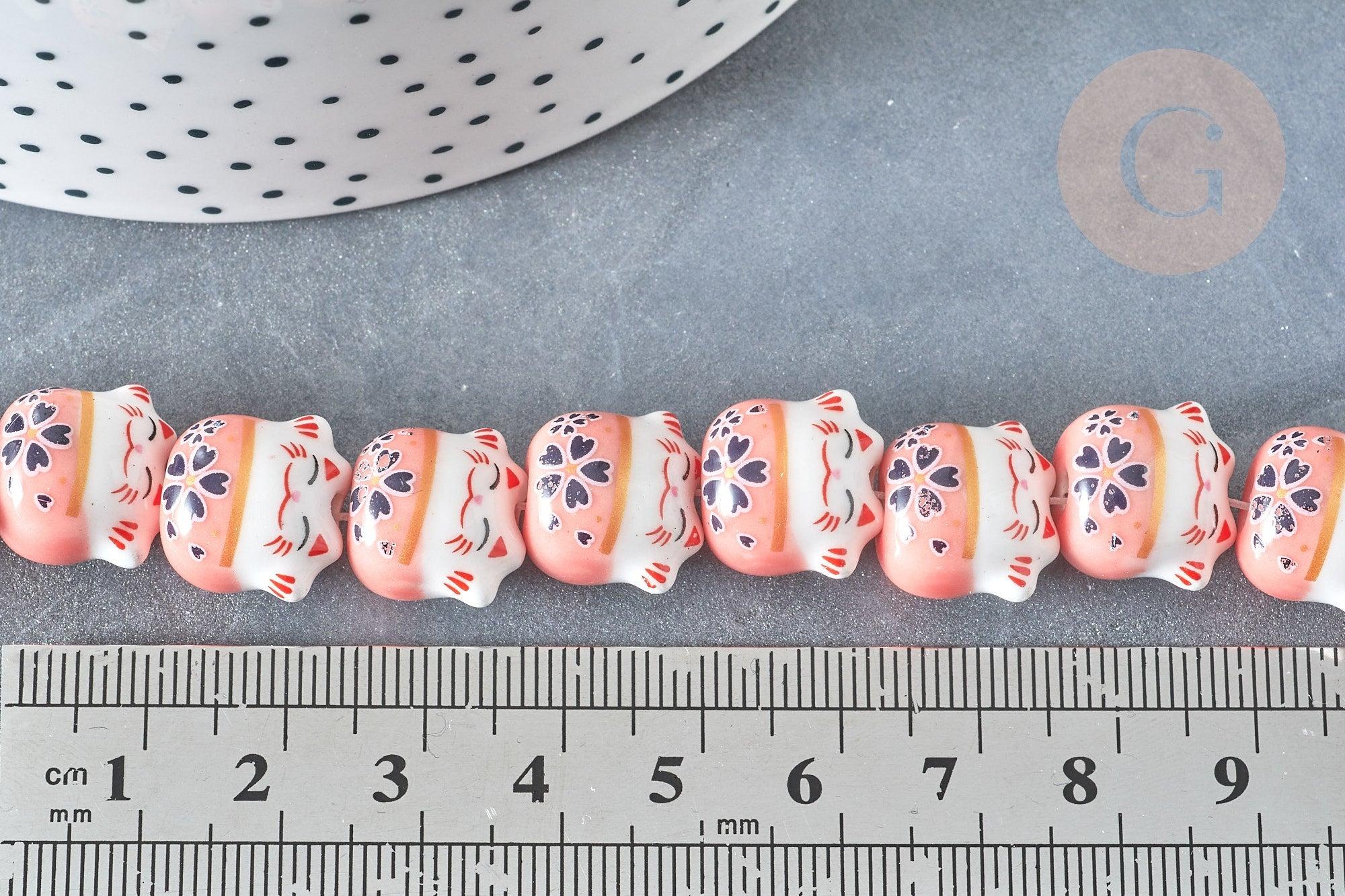 Perle Chat chanceux porcelaine rose 14mm, perle céramique, fabrication bijoux animal, perle chance chat, x5 (G7998)