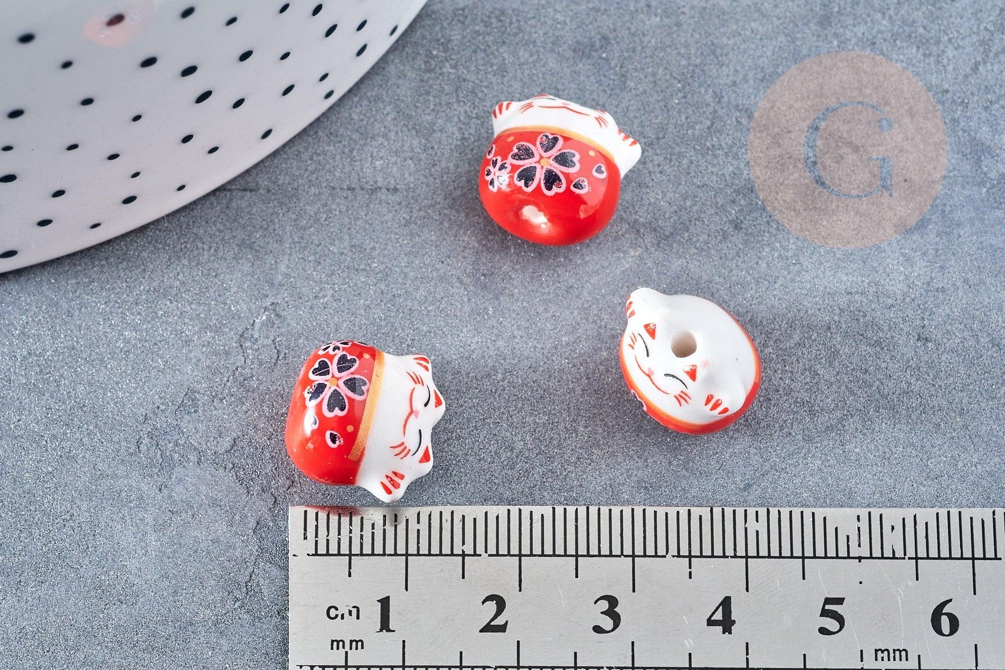 Perle Chat chanceux porcelaine rouge 14mm, x5 (G8681)