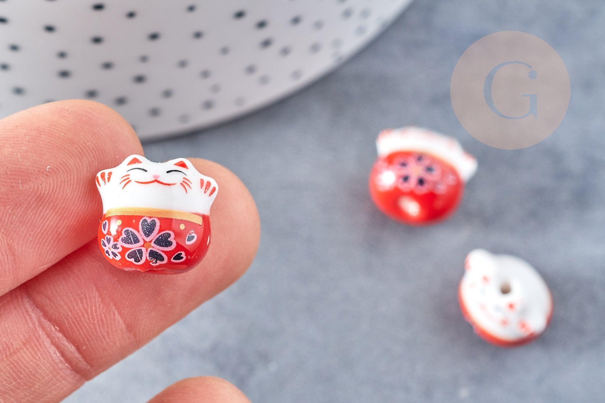 Perle Chat chanceux porcelaine rouge 14mm, x5 (G8681)