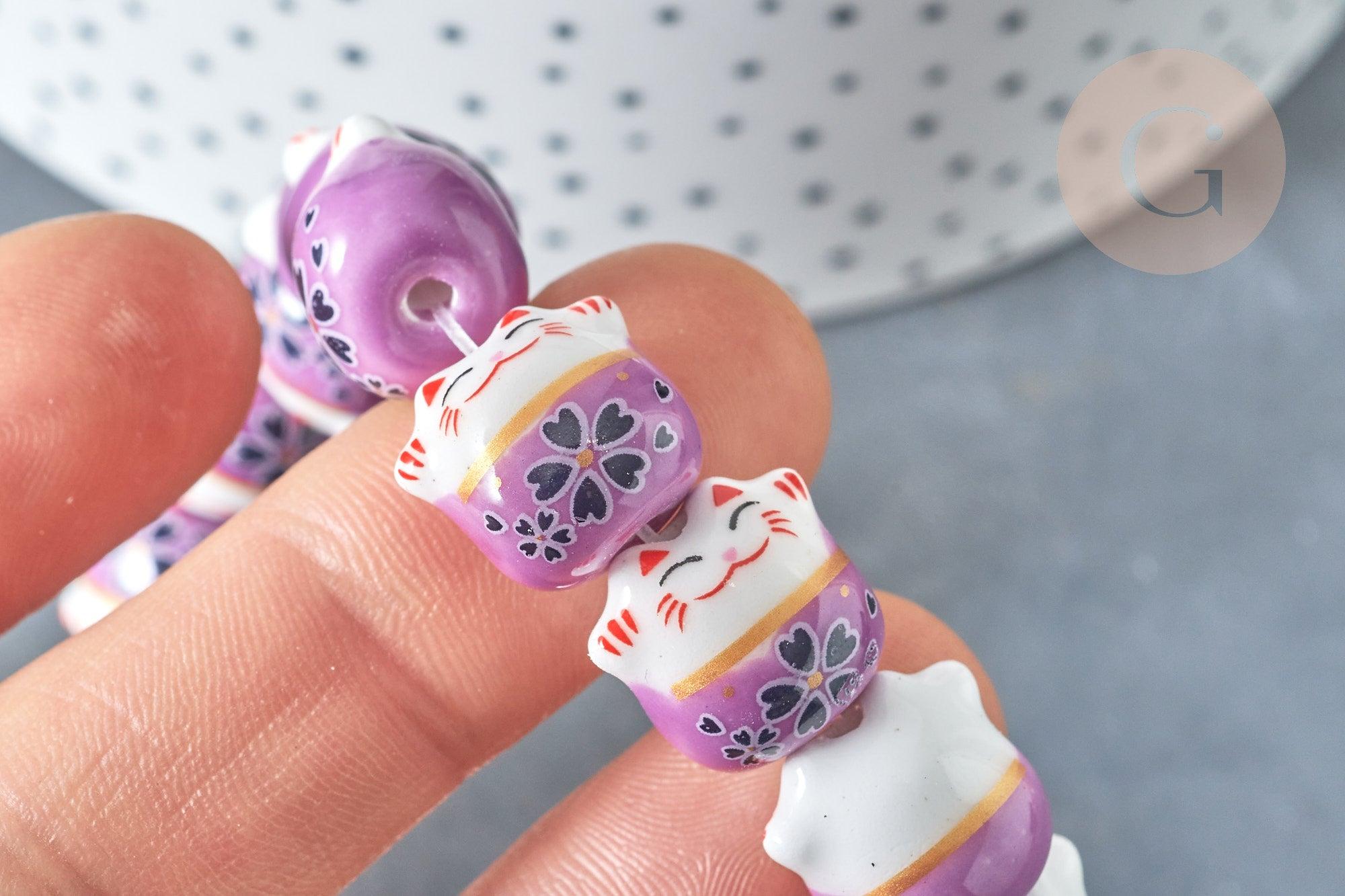 Perle Chat chanceux porcelaine violet 14mm, x5 (G7997)