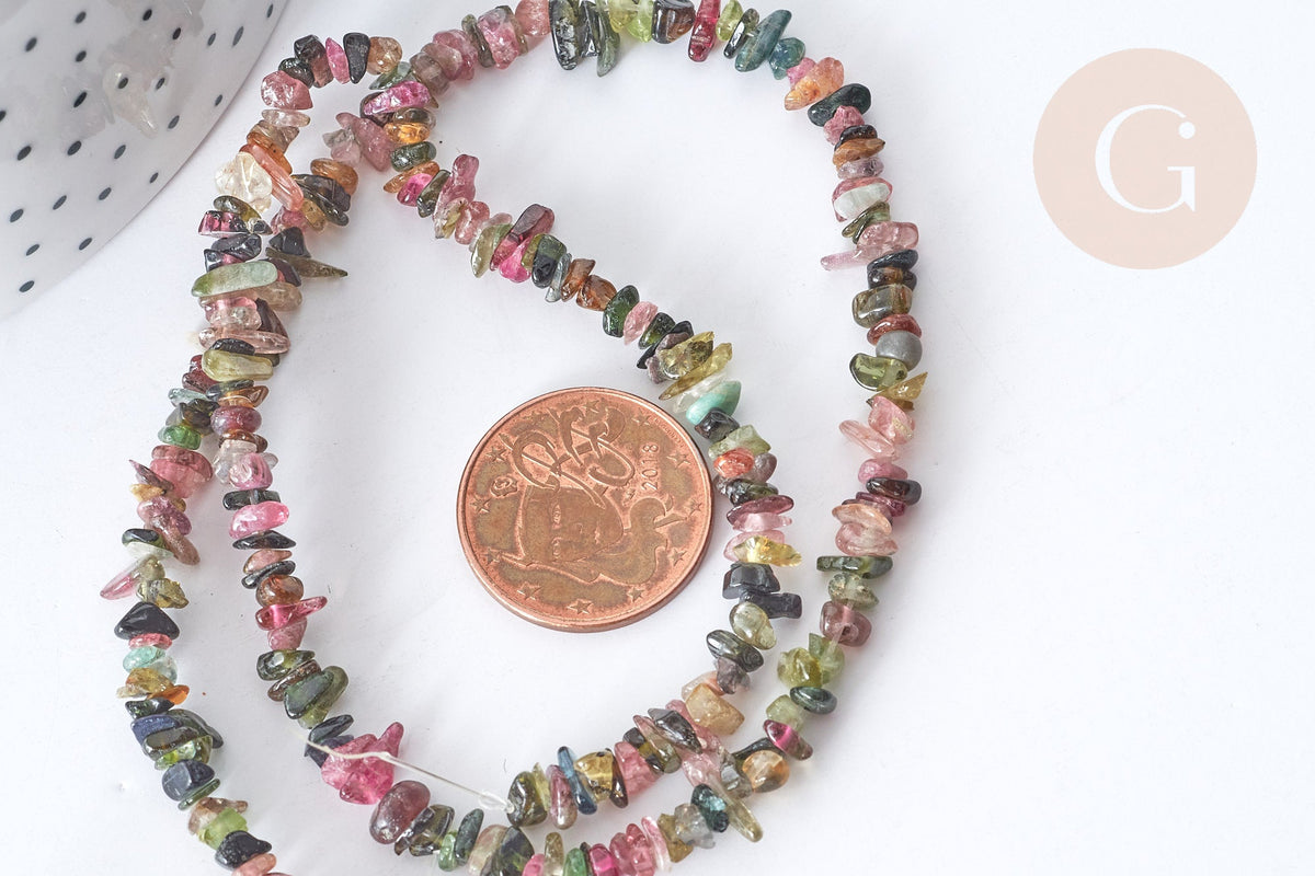 Perle Chips tourmaline naturelle couleur mixte 3~5mm, x1 fil de 80cm (G7888)