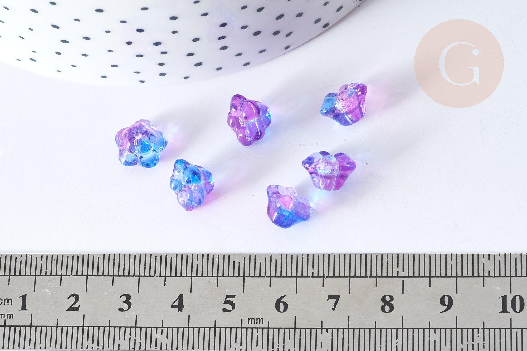 Perle Fleur verre transparent bleu-violet 10mm, perle verre fleur, perle artisanale verre, x20 (G7961)
