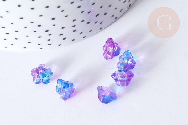 Perle Fleur verre transparent bleu-violet 10mm, perle verre fleur, perle artisanale verre, x20 (G7961)