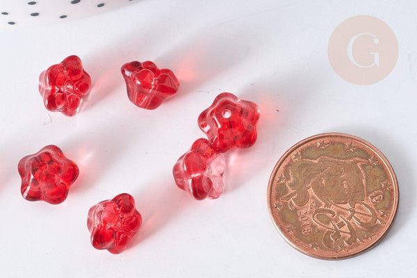 Perle Fleur verre transparent rouge 10mm, perle verre fleur, perle artisanale verre, x20 (G7962)