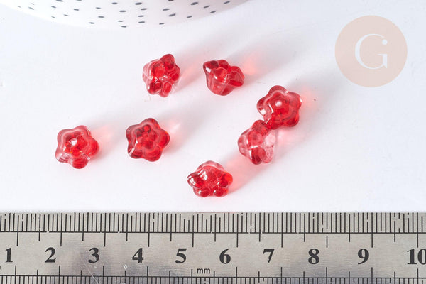 Perle Fleur verre transparent rouge 10mm, perle verre fleur, perle artisanale verre, x20 (G7962)