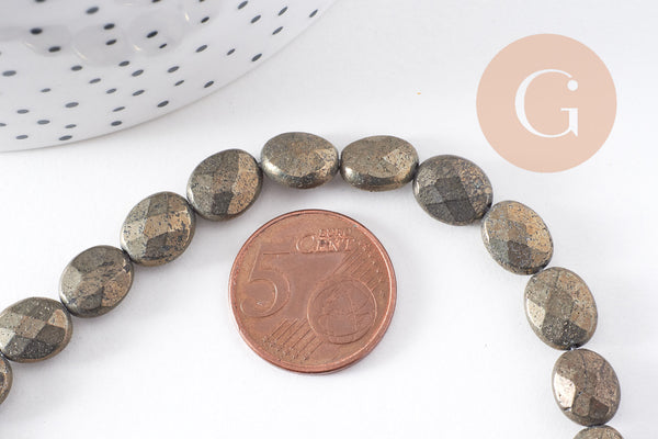 Perle Pyrite ovale facettée naturelle grise 10mm, perle bijoux pierre naturelle, x1 le fil de 38 cm (G7875)
