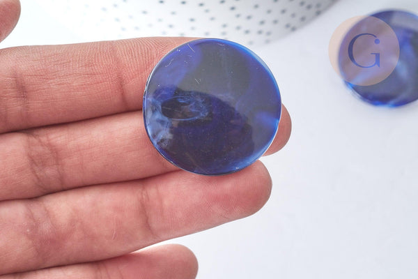 Perle Ronde plate plastique acrylique bleu foncé imitation pierre 32mm, x1 (G7968)