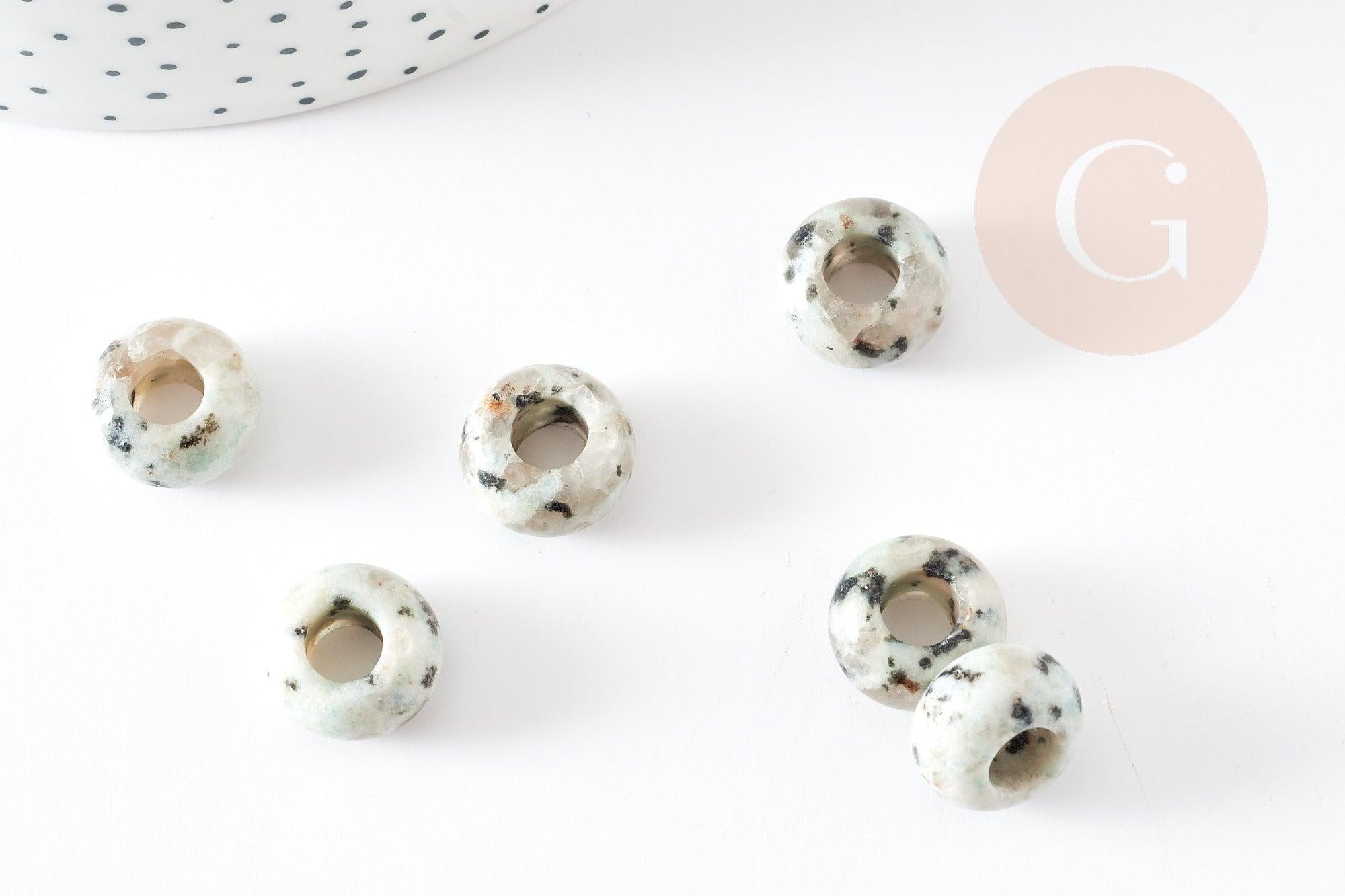 Perle Rondelle donut Jaspe sésame blanc naturelle 14mm, rondelle pierre pour création bijoux x2 (G9213)