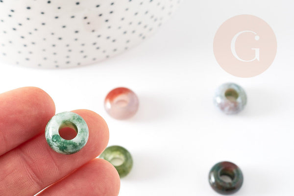 Perle Rondelle donut agate indienne naturelle 14mm, rondelle pierre pour création bijoux x2 (G9208)