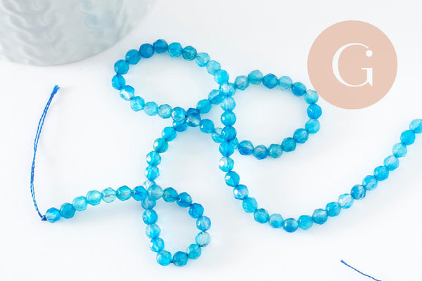 Perle agate bleue, perle agate naturelle,perle facette,4mm,fil de 37cm, x1 (G0896)